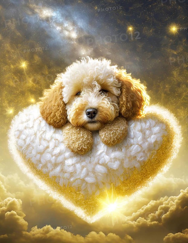 Adorable fluffy puppy lounging on a heart-shaped cloud in a whimsical starlit sky, AI generated