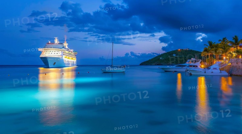 A large cruise ship docked near popular vacation resort. The scene is serene and relaxing, with the ship providing a sense of adventure, AI generated