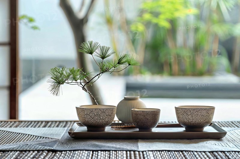 Traditional-looking tea set with a small bonsai tree on a table, tea service, Japan, KI generated, AI generated, Asia