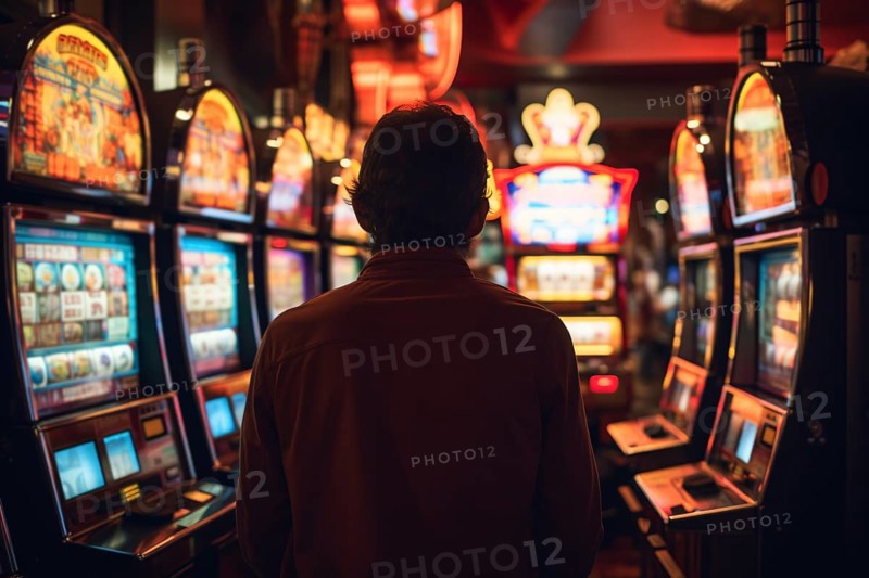 Man in casino with colorful slot machines. KI generiert, generiert, AI generated