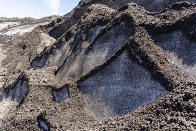 Ash covered Pichillancahue glacier, Villarrica Volcano, Villarrica National Park, Araucania, Chile1