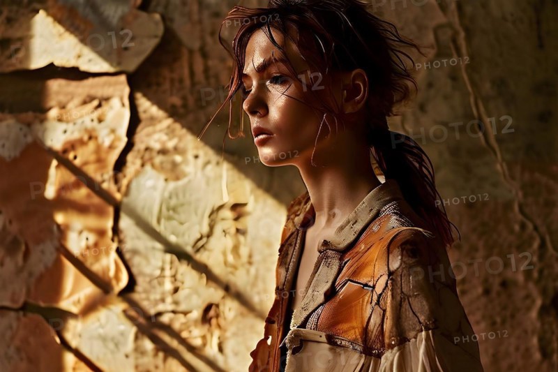 AI generated moody female portrait with cracked terracotta style high textures