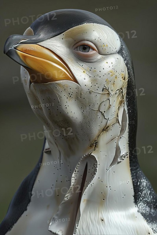 Imaginary penguin with human face and eyes, AI generated