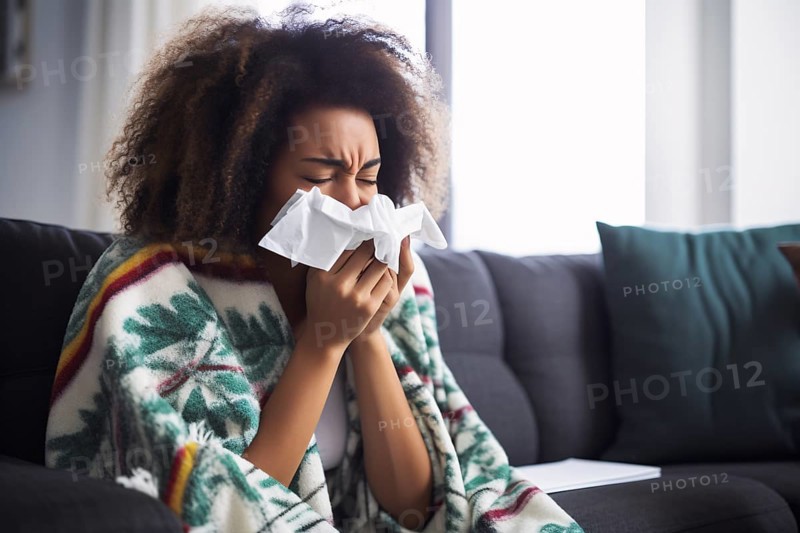 Black woman with cold sneezing into paper tissue. KI generiert, generiert, AI generated