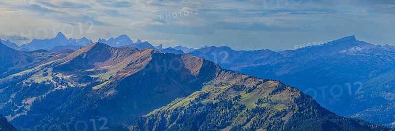 Panorama from Rubihorn, 1957m, to Fellhorn, 2038m, and Soellereck, 1706m, Allgaeu Alps, Allgaeu, Bavaria, Germany, Europe