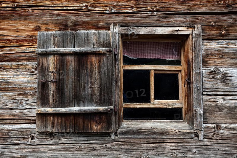 Window with shutter, Naturalpe Gemstel-Schoenesboden-Alpe, Gemsteltal, Mittelberg, Kleinwalsertal, Vorarlberg, Allgaeu Alps, Austria, Europe