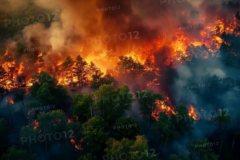 Aerial view of a forest fire is raging through a forest, with smoke and flames visible in the air. The scene is chaotic and dangerous, with trees and other vegetation being consumed by the fire, AI generated
