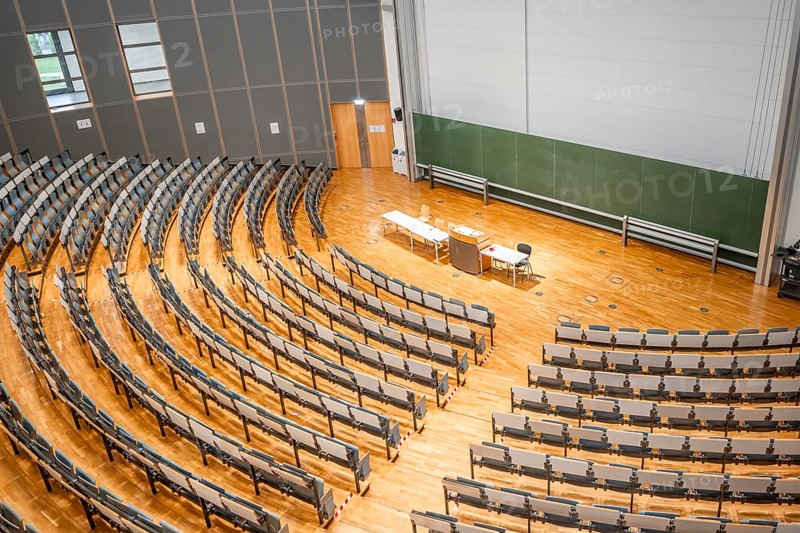 View from above into an empty lecture theatre with rows of seats and lectern, interior photo, Department of Mechanical Engineering, Technical University of Munich, TUM, Garching, Bavaria, Germany, Europe