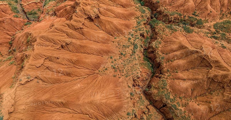Top down view, gorge with eroded red sandstone rocks, Konorchek Canyon, Boom Gorge, aerial view, Kyrgyzstan, Asia