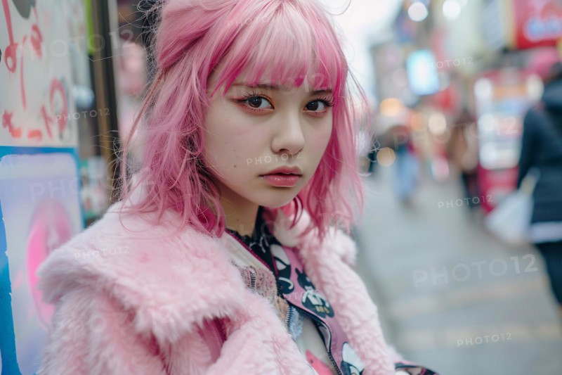 Young Asian woman with pink dyed hair and bold street fashion clothing in city street. KI generiert, generiert, AI generated