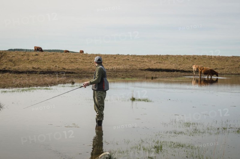 Sport fisherman fishing in lake on cloudy day, Cambara do sul, Rio Grande do sul, Brazil, South America