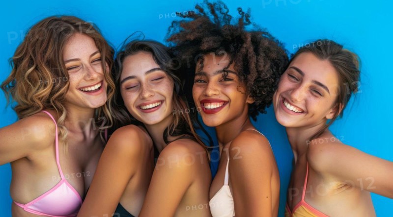 A group of women are smiling and posing for a photo. They are wearing bikinis and hats, AI generated