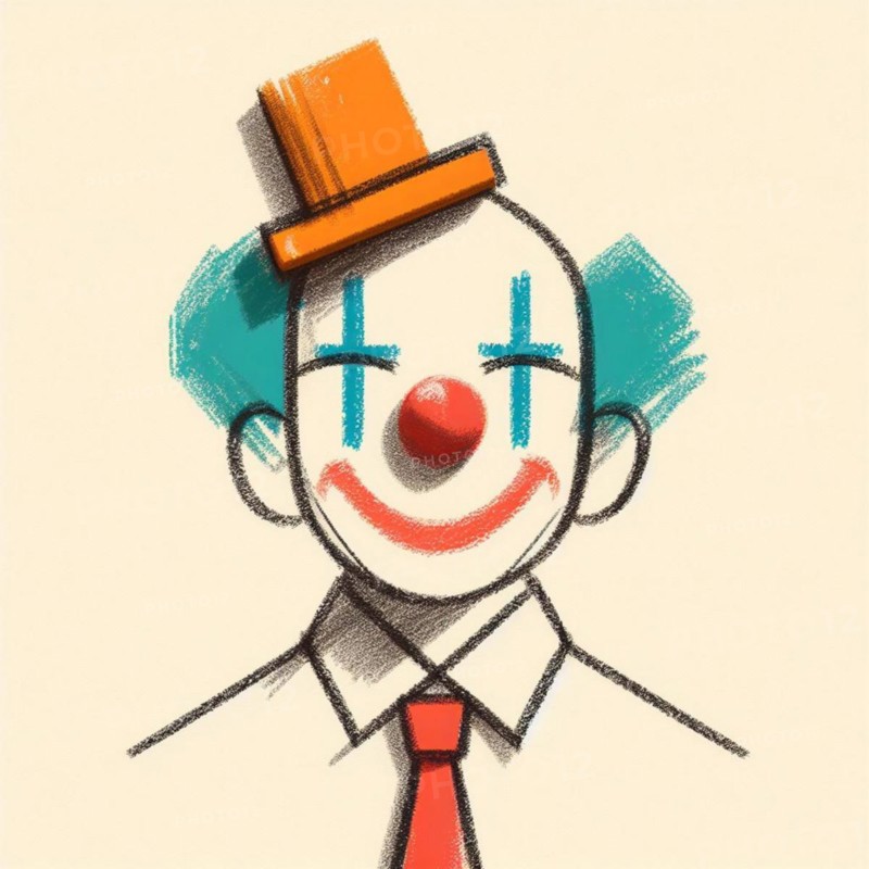Clown with a top hat and red tie smiling pleasantly, AI generated