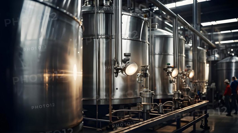 AI generated close up of a modern winery production line with stainless steel fermenting tanks