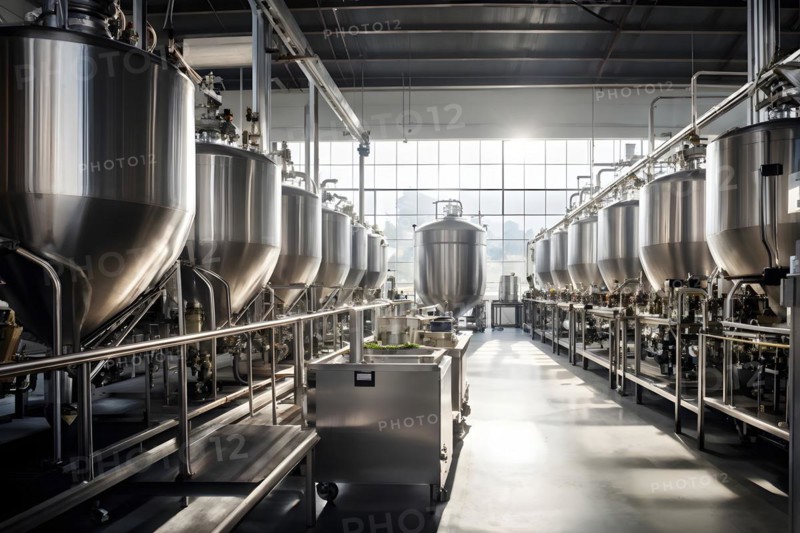 AI generated modern winery production line with stainless steel fermenting tanks