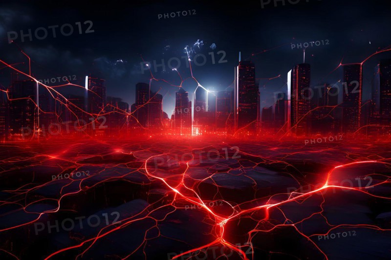 Ai generated conceptual illustration of a neuronal network with city skyline in the background in red colors, AI generated