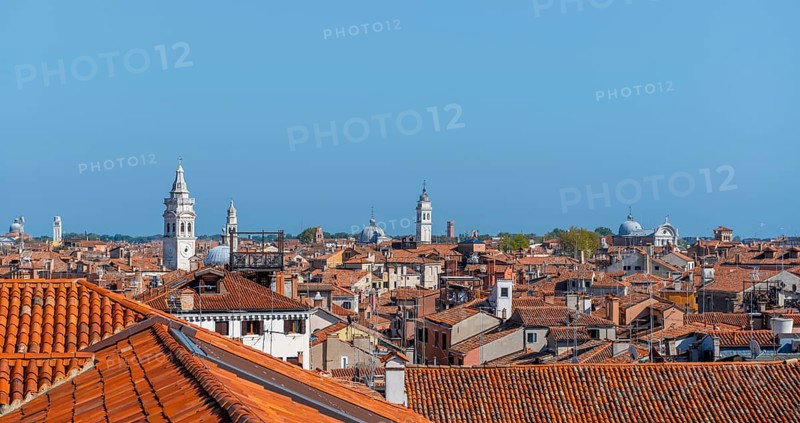 View over the roofs of Venice with many church towers, view from the roof of the Fondaco dei Tedeschi, Venice, Veneto, Italy, Europe