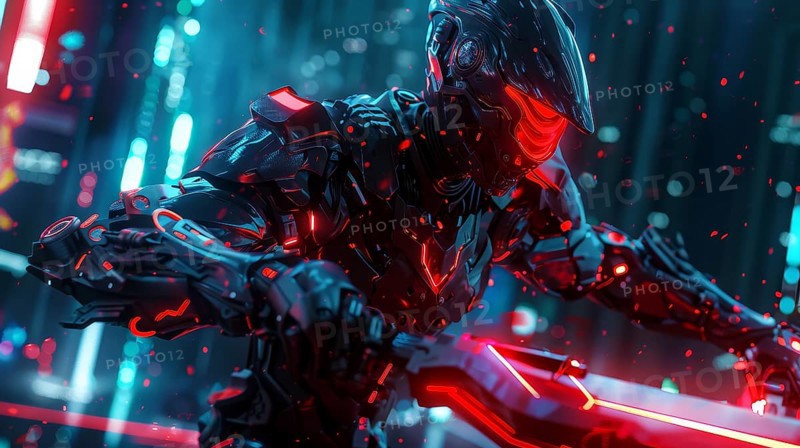 A sci-fi warrior in an armored suit with dynamic red and blue lighting, AI generated