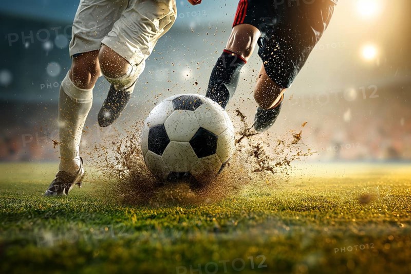 Two soccer players struggle dribble and kick a ball on a football stadium field, AI generated