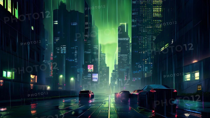 AI generated illustration of a cityscape with skyscrapers and holographic elements in grey and green color