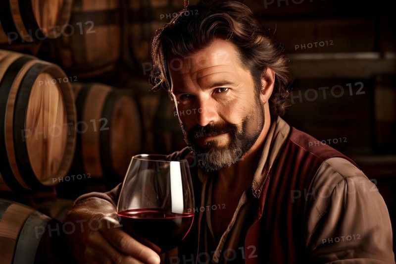 AI generated winemaker tilting a glass of red wine to check quality