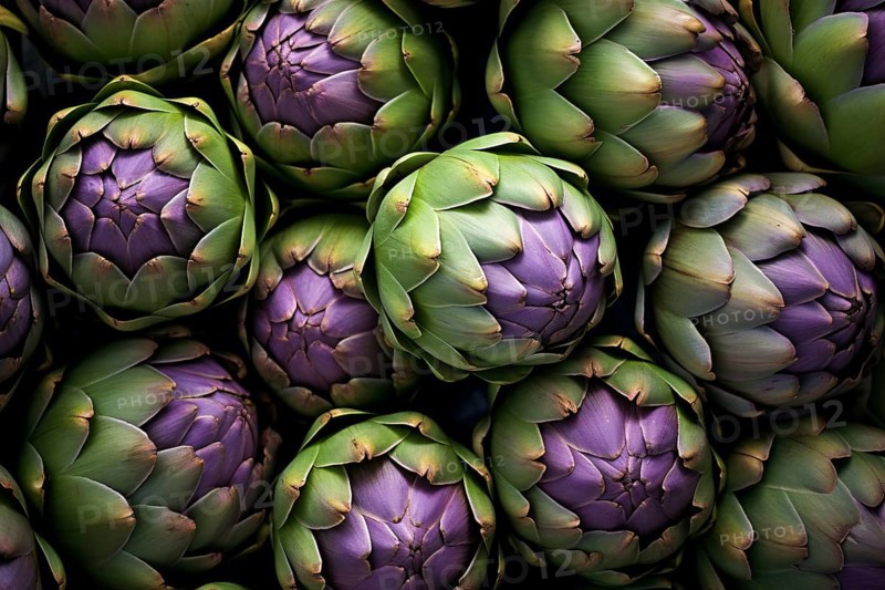Close up of many artichokes. KI generiert, generiert, AI generated