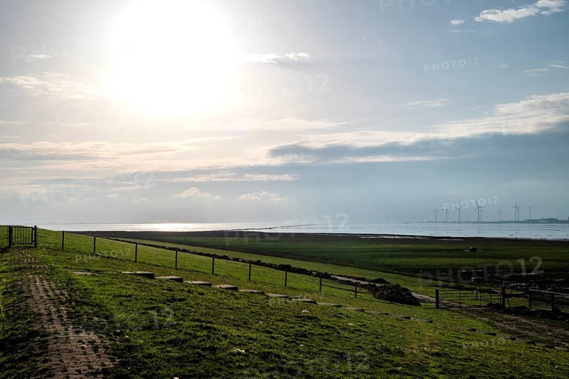 View from the Ems dyke in Pogum to the right bank of the Ems towards Emden and Dollart, municipality of Jemgum, district of Leer, Rheiderland, East Frisia, Lower Saxony, Germany, Europe