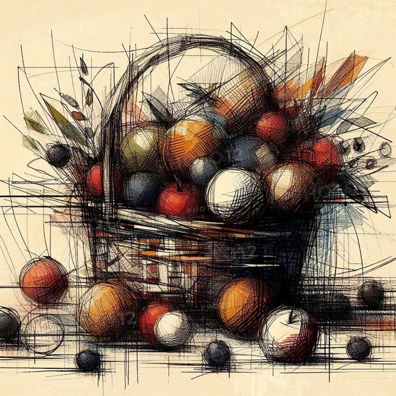 Colorful abstract drawing of a fruit basket with dynamic lines and spherical shapes, AI generated