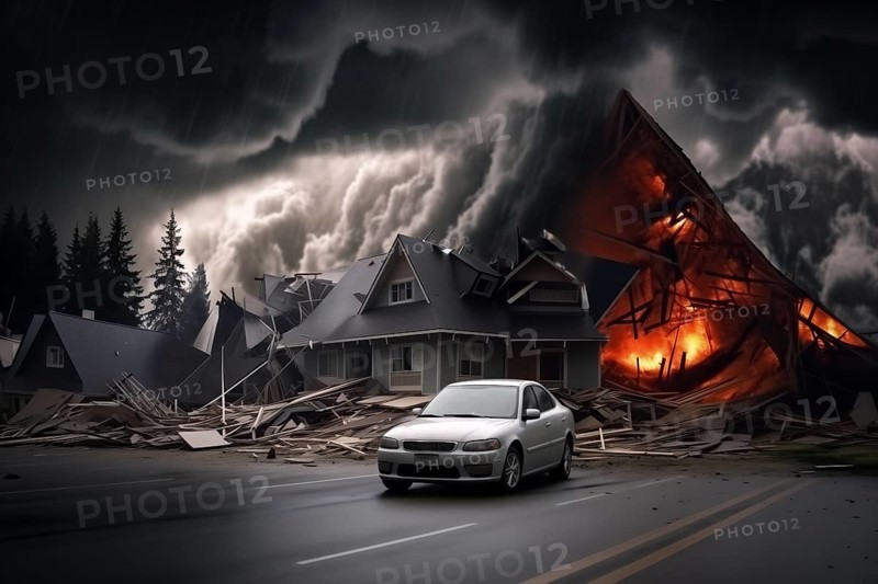 A car is in front of a destroyed by disaster house that is on fire, AI generated