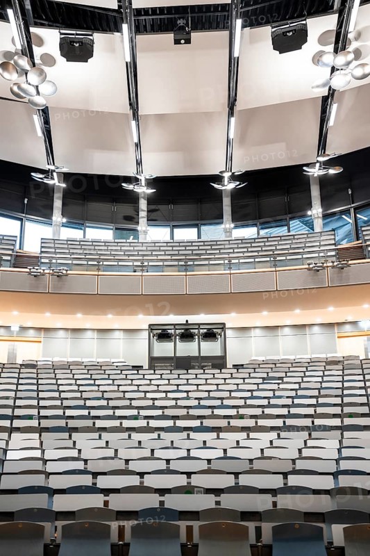 View from the lectern onto rows of seats in an empty lecture theatre, interior view, Department of Mechanical Engineering, Technical University of Munich, TUM, Garching, Bavaria, Germany, Europe