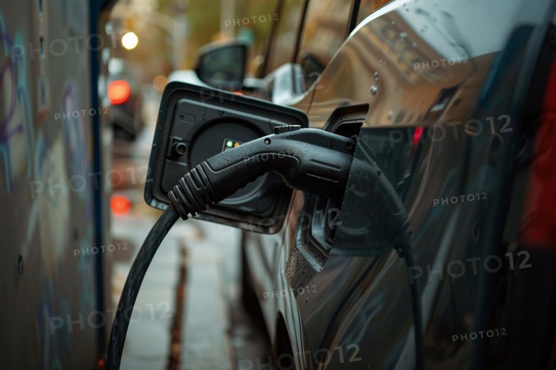 Plug charging electric black car. KI generiert, generiert, AI generated