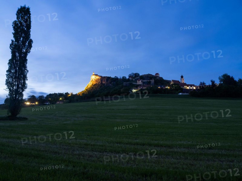 Illuminated Riegersburg Castle, night view, Styrian volcanic region, Styria, Austria, Europe
