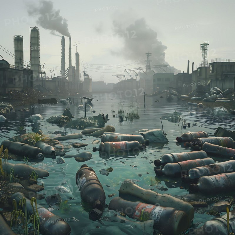 Industrial area in fog with polluted water and protruding barrels, environmental pollution, environmental protection, AI generated