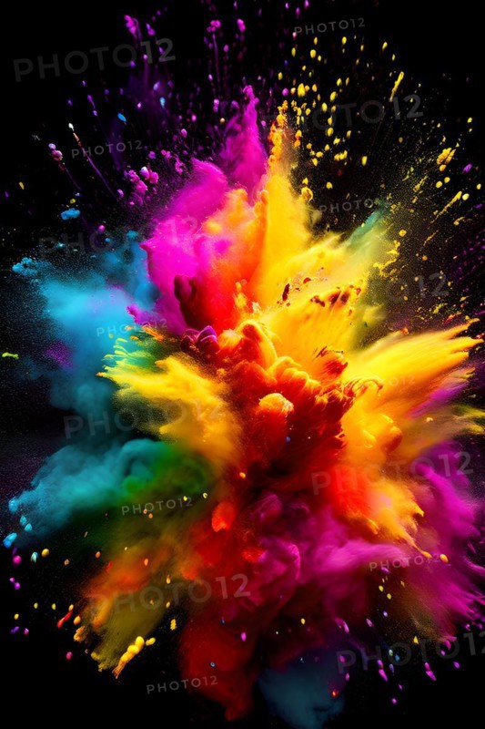 Rainbow-colored holi powder explosively dispersing against a black background, AI generated