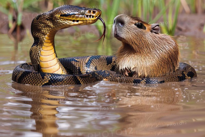 Large anaconda chasing a capybara, AI generated