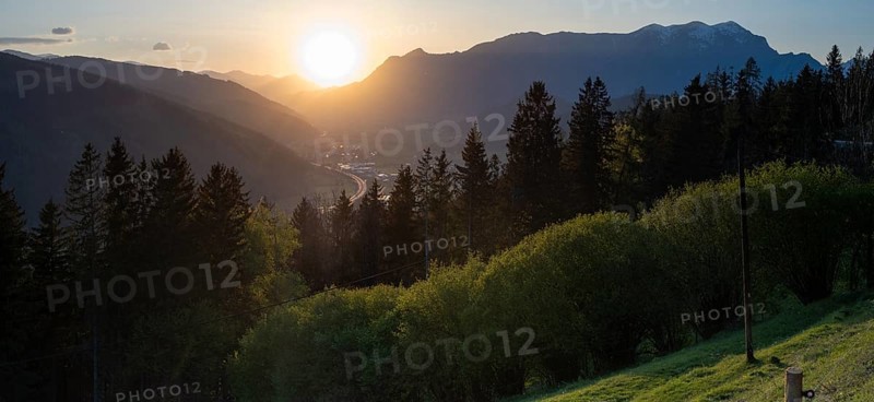 Sunset over the Liesingtal, in the evening light the village of Traboch, Schoberpass federal road, panoramic shot, view from the lowlands, Leoben, Styria, Austria, Europe