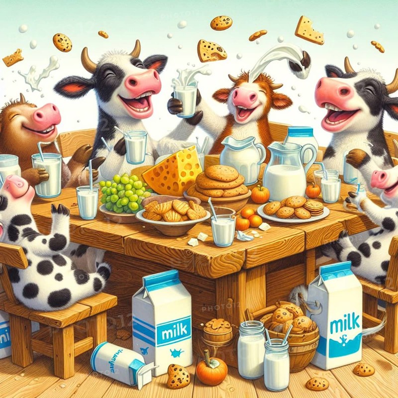 Illustrated scene of cheerful cartoon cows sitting around a wooden table, merrily indulging in various dairy products like milk, cheese, and cookies against a clear blue background, AI generated