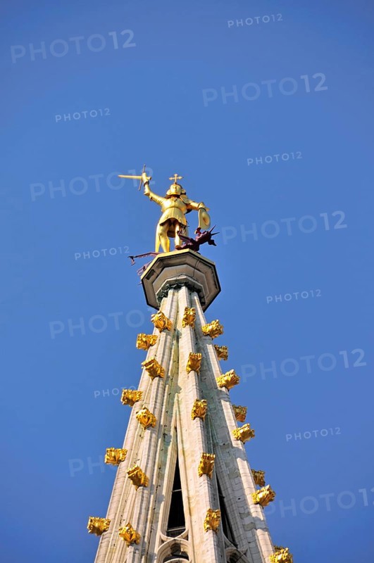 Gilded statue of the Archangel Michael fighting the dragon, the patron saint of the city of Brussels, on the 96 metre high late Gothic Belfry, City Hall, Grand Place, Brussels, Belgium, Benelux, Europe