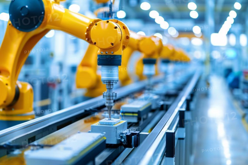 Yellow mechanical arms performing work at production line in factory. KI generiert, generiert, AI generated