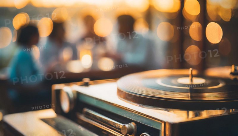 A vinyl record spinning on a turntable with a stylus needle, in a warmly lit setting, AI generated