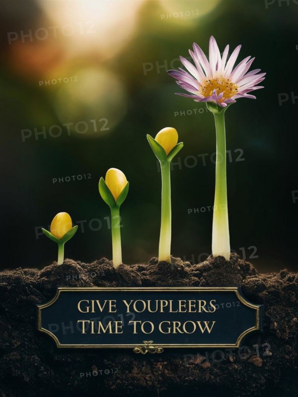Flower growing stages with inspirational quote and a typo error, AI generated