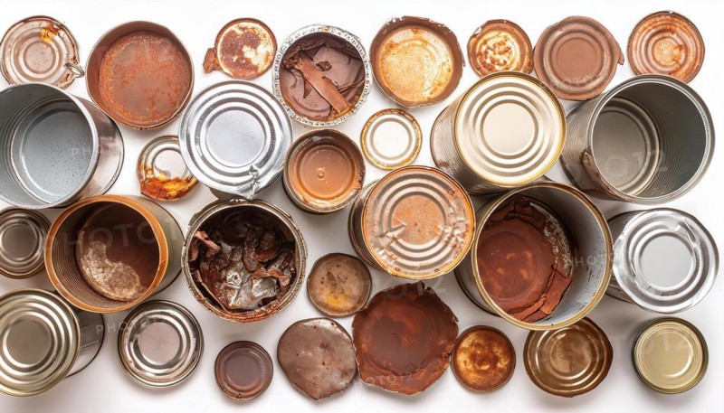 Symbol photo, many empty tin cans, partly crushed, rusty, dirty, on a white background, AI generated, AI generated