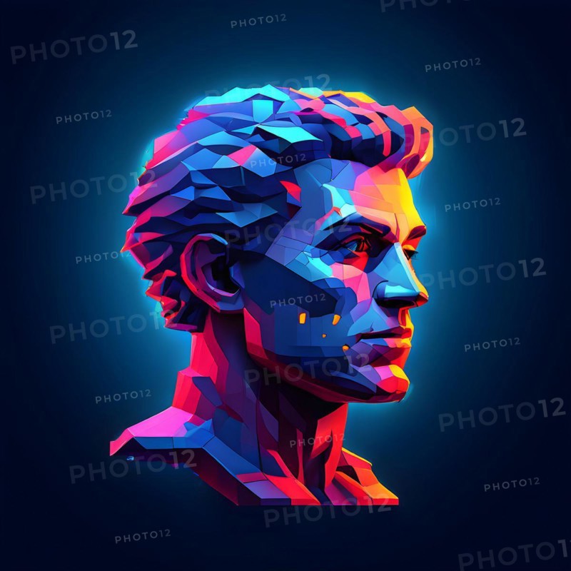 AI generated male human head digitalised in pixel art style presenting a mosaic of vibrant hues in neon glow