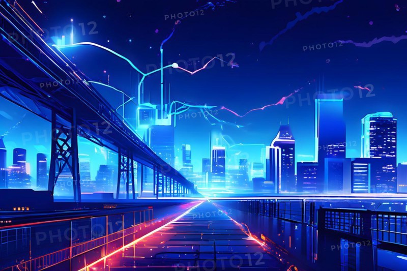 Ai generated conceptual illustration of a neuronal network with city skyline in the background in blue colors, AI generated