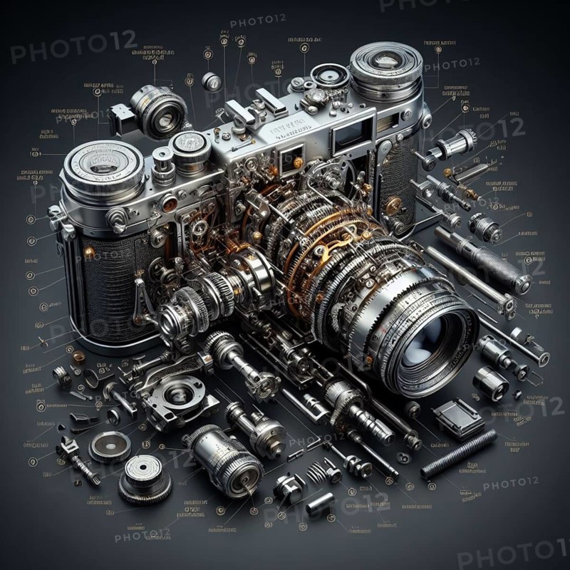 Detailed exploded view of a vintage camera and various lenses, showcasing all components on a dark background, ideal for conceptual and educational uses related to photography and engineering, AI generated