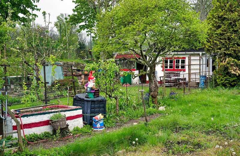 Allotment garden, allotment garden, garden in an allotment garden site with garden gnome, Leipzig, Saxony, Germany, Europe