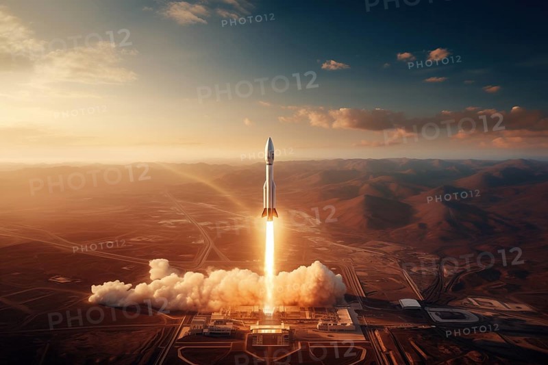 Aerial view of a rocket launch at sunrise sunset over an ocean coast. The rocket is blasting off with a trail of smoke and flames behind it, AI generated