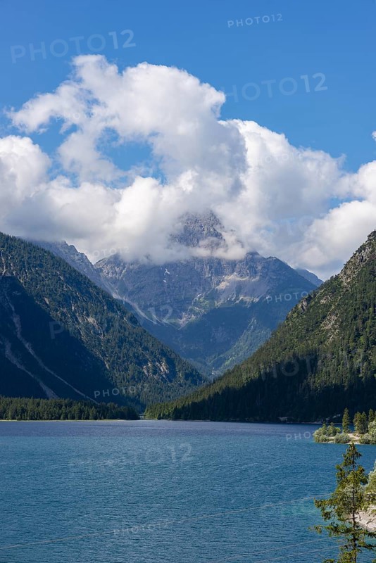 Plansee and Ammergau Alps, behind it the Thaneller, 2143m, Lechtal Alps, Tyrol, Austria, Europe