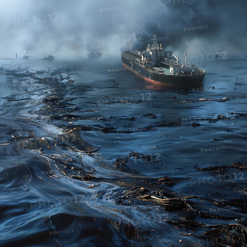 A gloomy picture of a tanker surrounded by oil in the foggy sea, oil spill, environmental disaster, AI generated