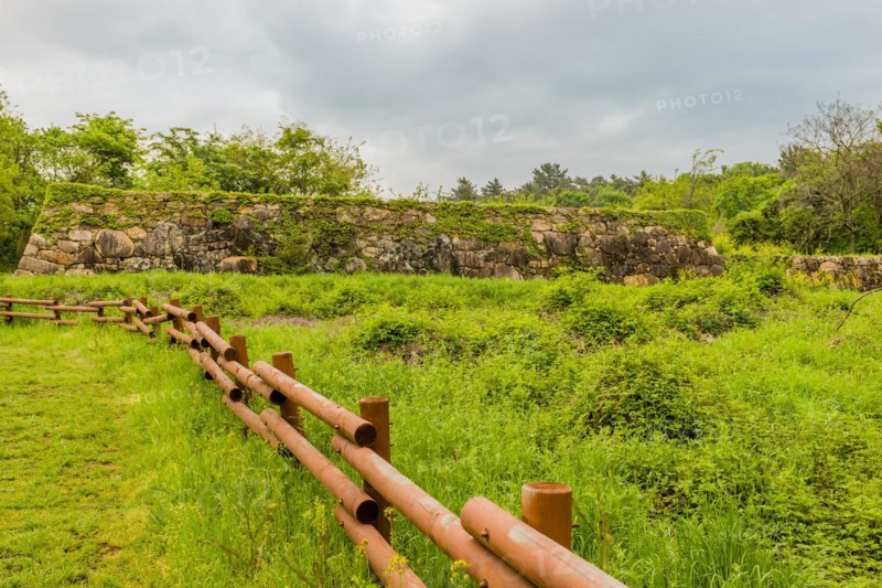 Remains of Japanese stone fortress set off by wooden fence in Suncheon, South Korea, Asia